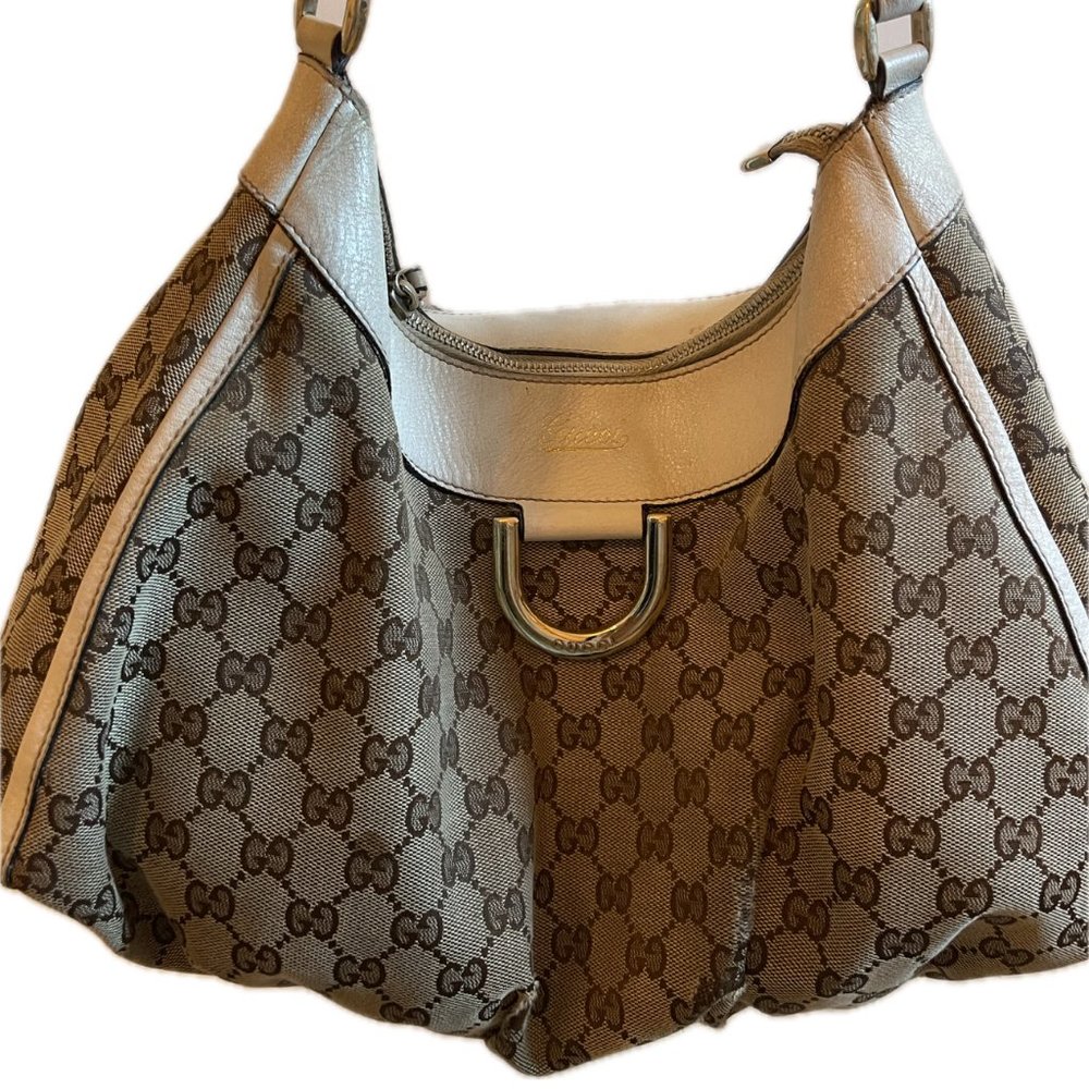 Vintage Gucci Canvas D-Ring Hobo White Trim Abbey Shoulder Bag